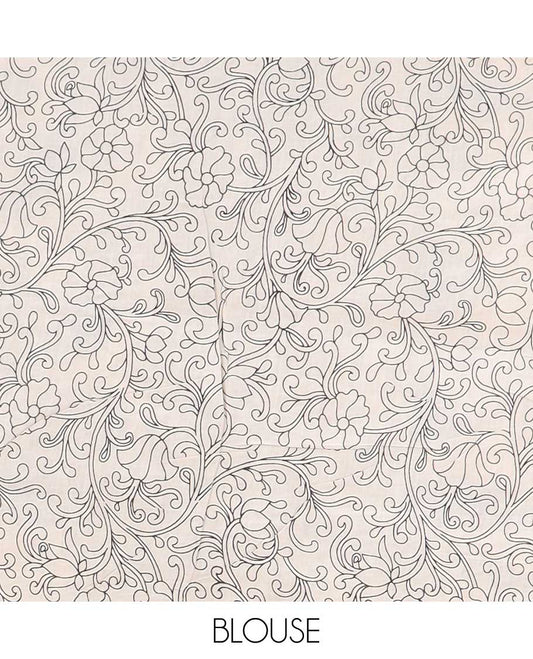 Cream bird motifs machine-printed kalamkari cotton saree, contrast peacock border & pallu of elephant motifs