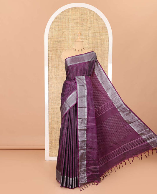 Purple checked design semi-soft silk saree, zari border, striped pallu, and a matching checked blouse