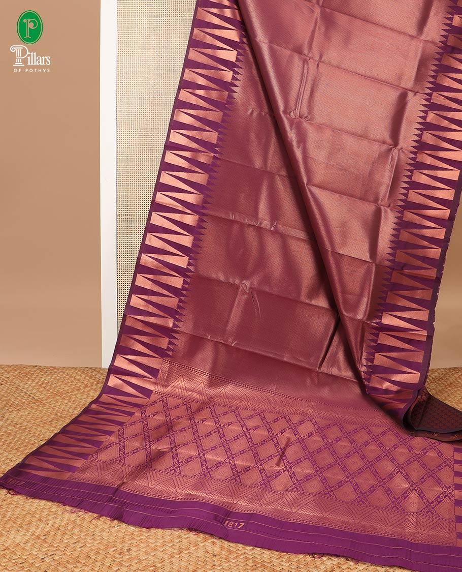Wine copper tissue fusion art silk saree with zig zag temple border & rich copper zari pallu along with copper jacquard blouse