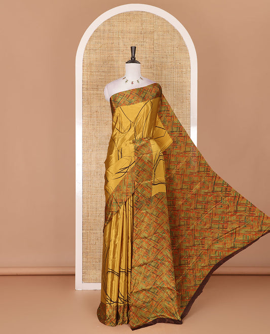 Yellow abstract style geometric printed Turkey crepe saree, contrast border, and pallu of abstract textured print