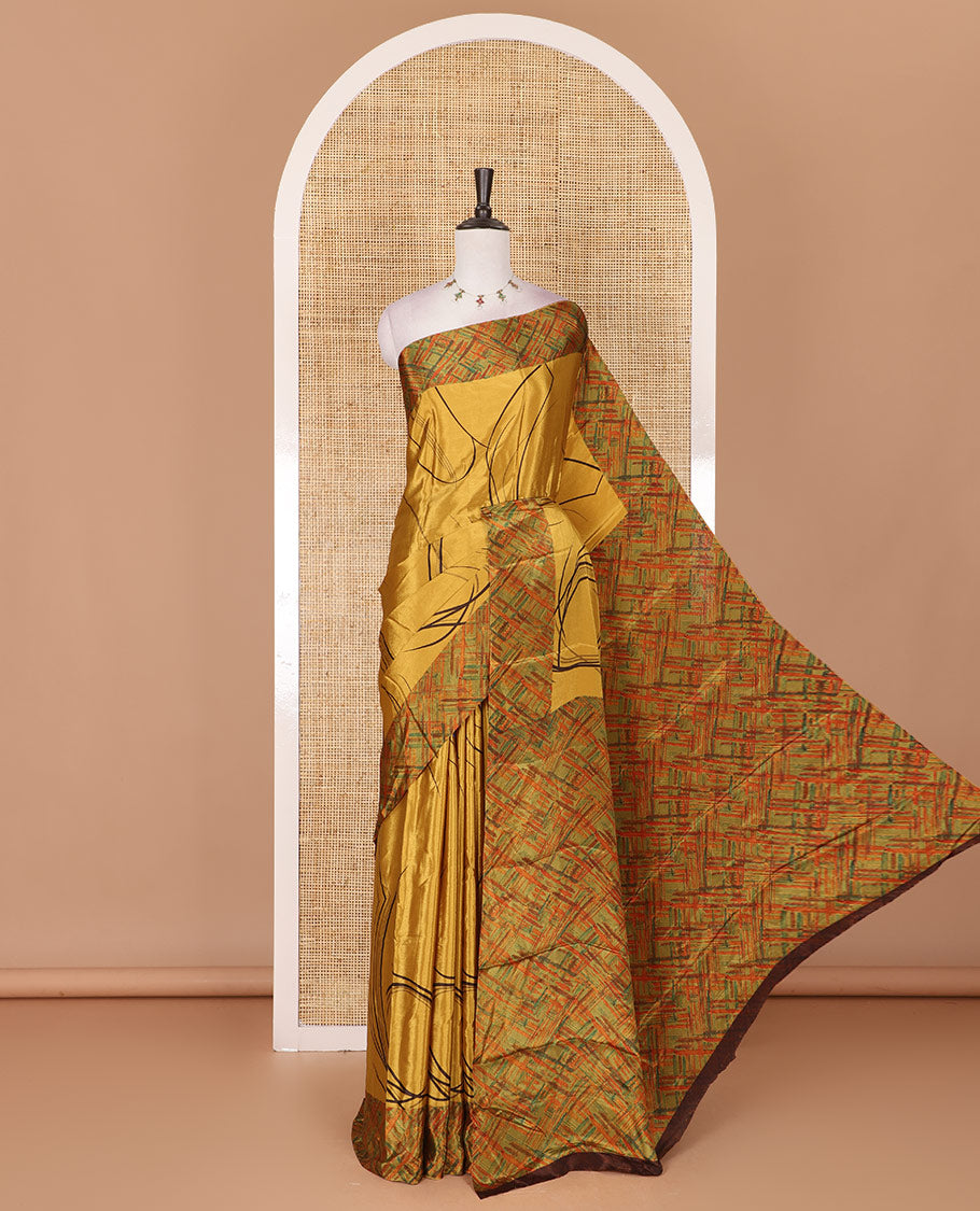 Yellow abstract style geometric printed Turkey crepe saree, contrast border, and pallu of abstract textured print