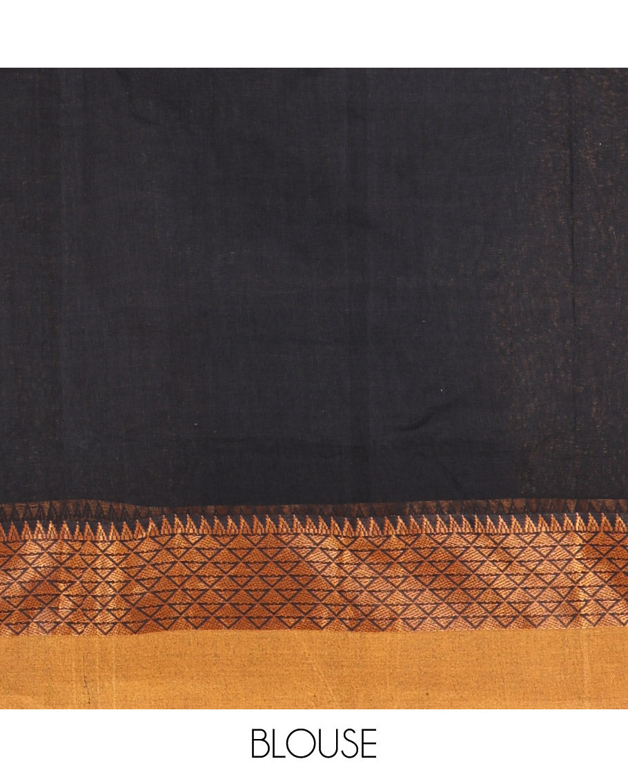 Black Bengal Cotton Saree, Subtly Woven with Thread Buttas All Over Its Body, Complemented by a Contrast Border of Temple and Jaal Designs, Pallu of Stripes and Buttas, and Comes Without a Blouse