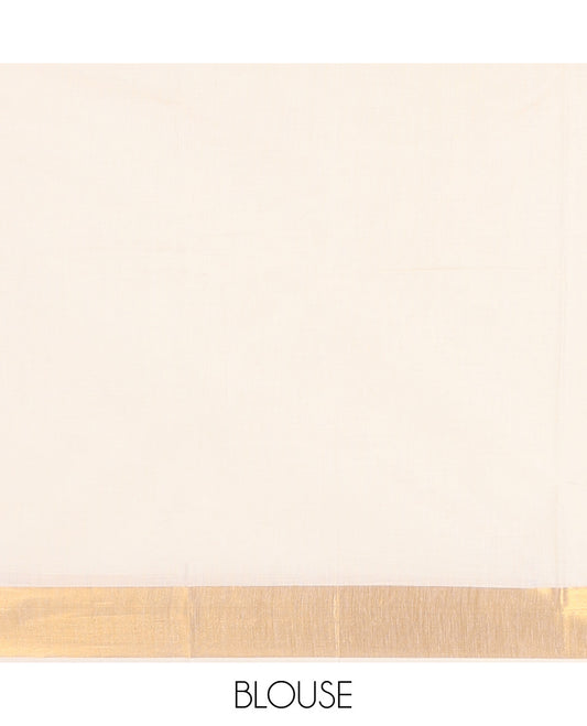 Cream Kerala Saree, Prettified with Zari Buttas on Its Body, Scintillating Zari Border, Sparkling Zari Woven Pallu of Flower Designs, and Paired with a Matching Blouse