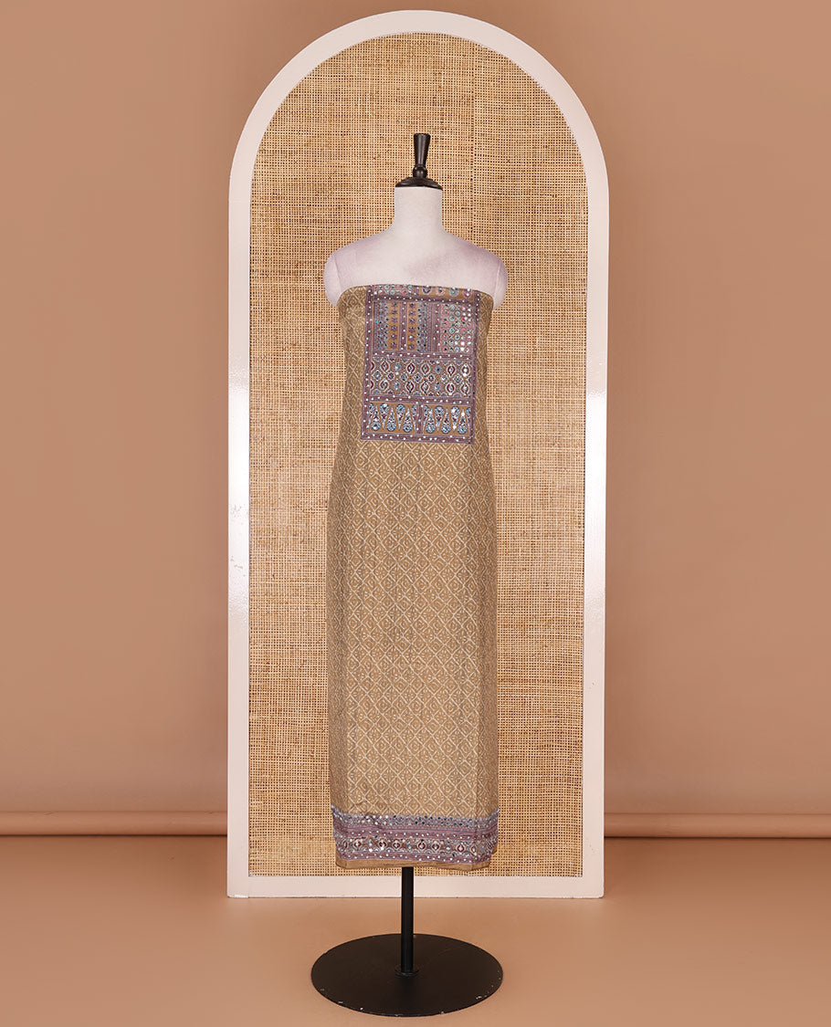 Olive green material chudidar set, intricately printed with neck mirror work crepe top, Italian crepe bottom, and digital printed mirror work chinon dupatta