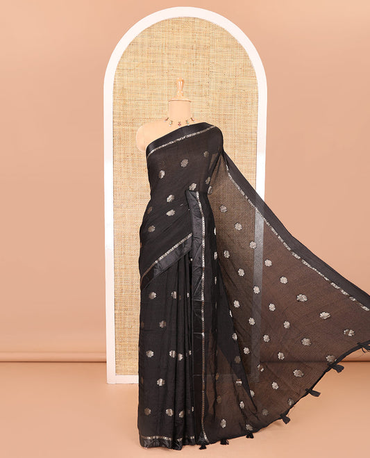 Black floral zari buttas viscose khadi silk saree, traditional zari satin border, floral zari buttas woven pallu, and a matching zari design blouse