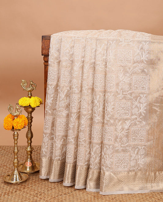 Cream thread embroidery tissue silk saree with jacquard border & lining pallu along with zari vertical lining pallu