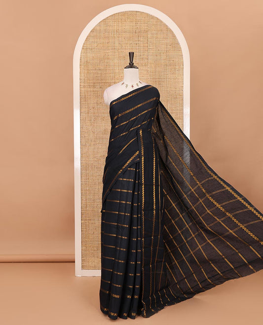 Borderless black veldhari zari striped Sungudi cotton saree, self-pallu of veldhari stripes & running blouse