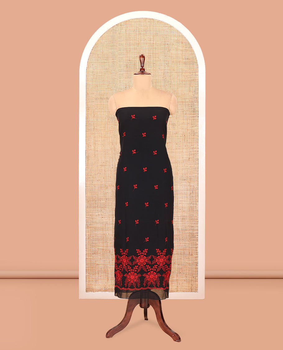 Black-Red Georgette Material Churidar Features Floral Buttas Embroidered Top, a Plain Bottom, Thread Embroidered Dupatta