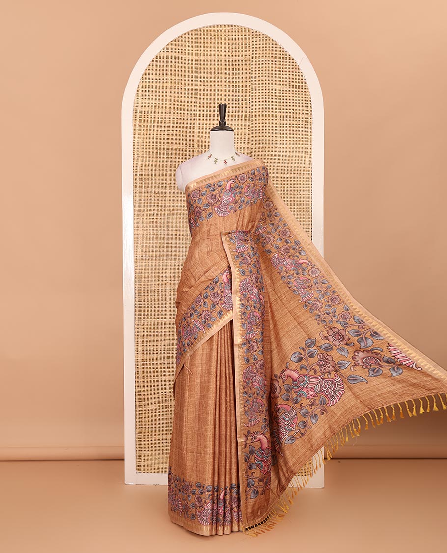 Mustard full-plain katan silk saree, double-side kalamkari floral vine and bird printed temple zari border and matching floral vine printed blouse
