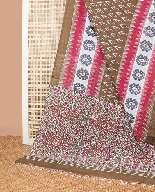 Brown floral motifs mul mul cotton saree with contrast temple, floral design border & floral design pallu