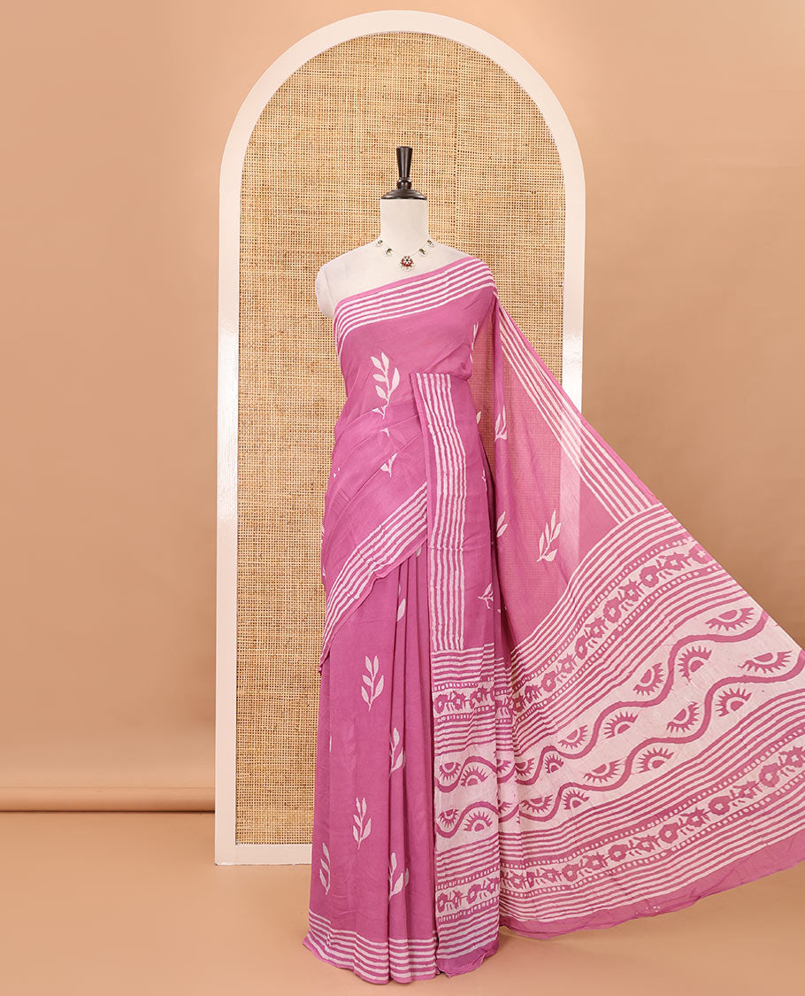 Pink leaf batik printed georgette saree, batik-printed striped border, floral-geometric batik printed pallu & batik printed blouse