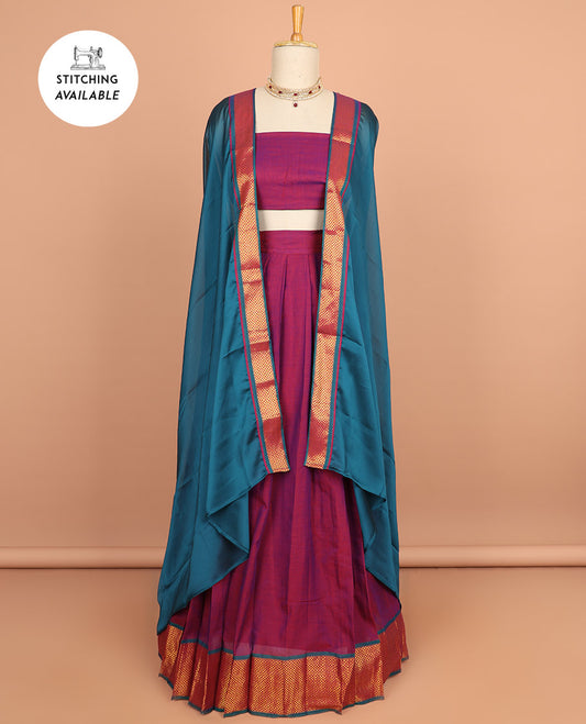 Pink cotton half saree with contrast traditional border , plain blouse & plain dhavani with zari design border