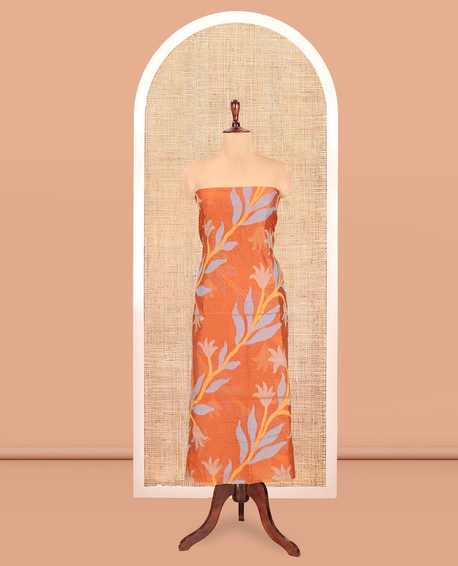 Rust Orange Chanderi Silk Material Chudidar Features Jamdani Floral Top, Contrast Bottom and Dupatta