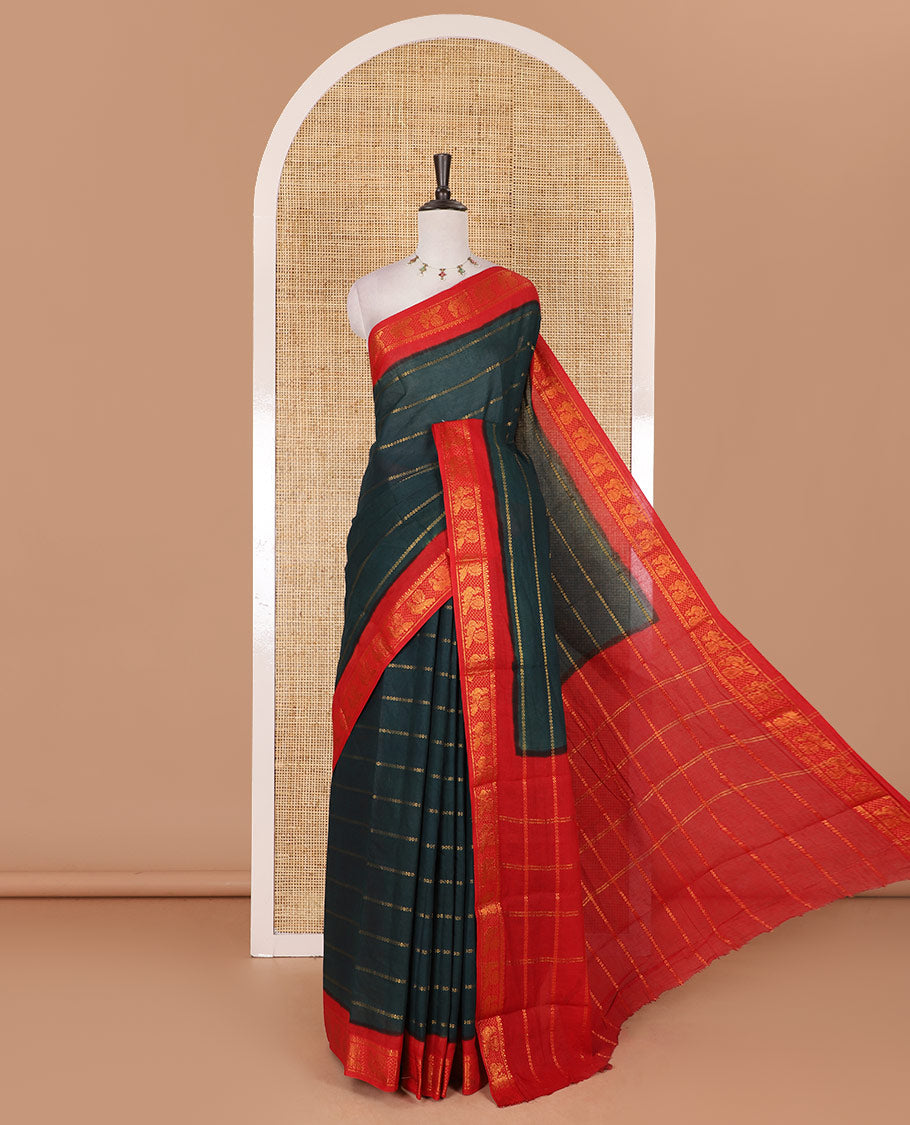 Green veldhari zari striped Sungudi cotton saree, contrast peacock zari motif border, zari striped pallu, and contrast zari design blouse