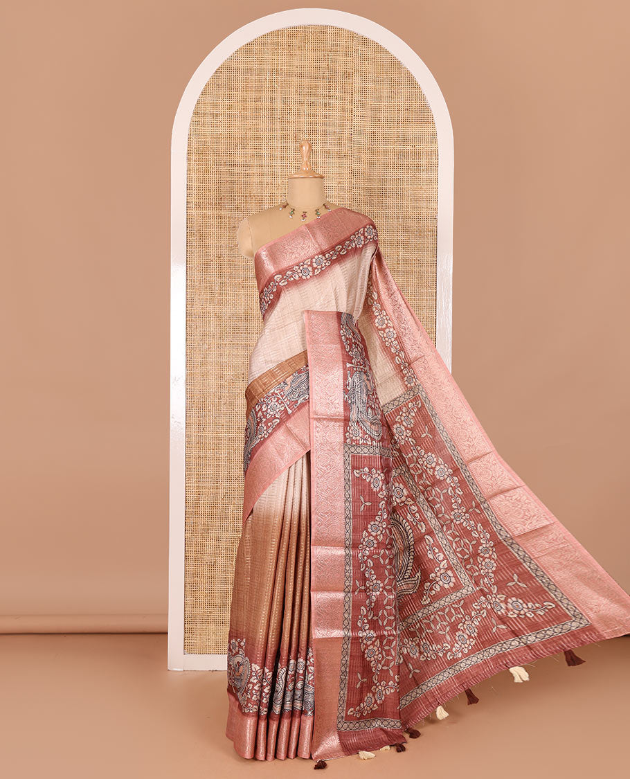 Brown tri-ombre colored zari stripes, and kalamkari peacock printed semi-tussar saree, contrast floral creeper zari border, peacock printed pallu, and a contrast blouse of zari and print work