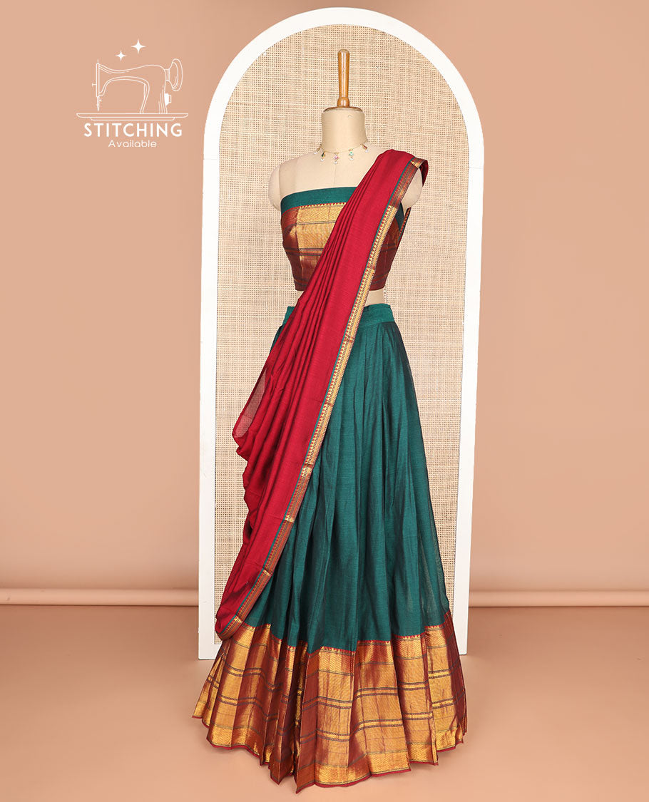 Green cotton half saree with geometric design border, zari design blouse & zari design border dhavani