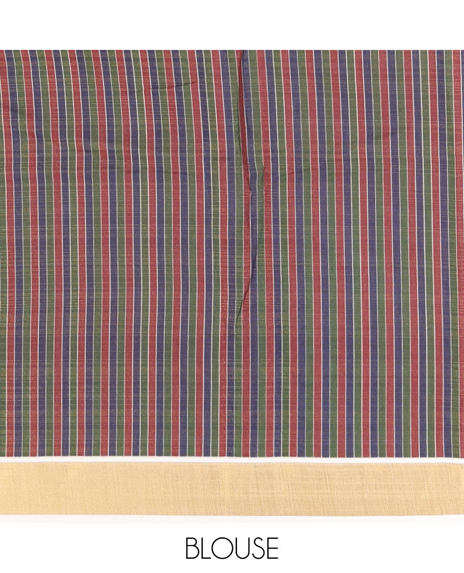 Cream Plain Kerala Cotton Saree, Contrast Tri-Colored Border, Self-Pallu, and a Contrast Blouse