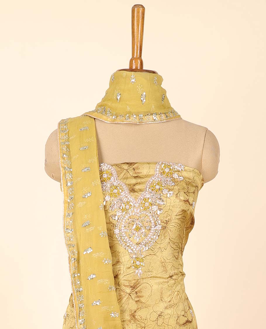 Yellow material chudidhar set, floral print & embroidered top, plain bottom & embroidered dupatta