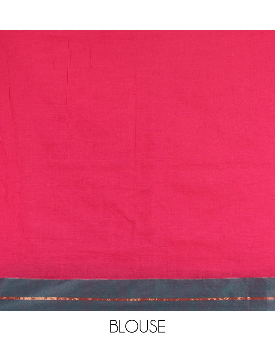 Pink heart motif thread-embroidered khadi mul cotton saree, contrast zari striped border, self-pallu with tassels, and a plain blouse