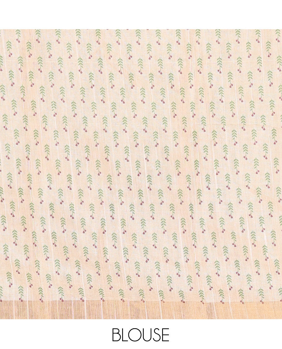 Cream-Wine Tissue Linen Cotton Saree Features Floral Buttas, a Zari Border, Floral Pallu, Matching Blouse