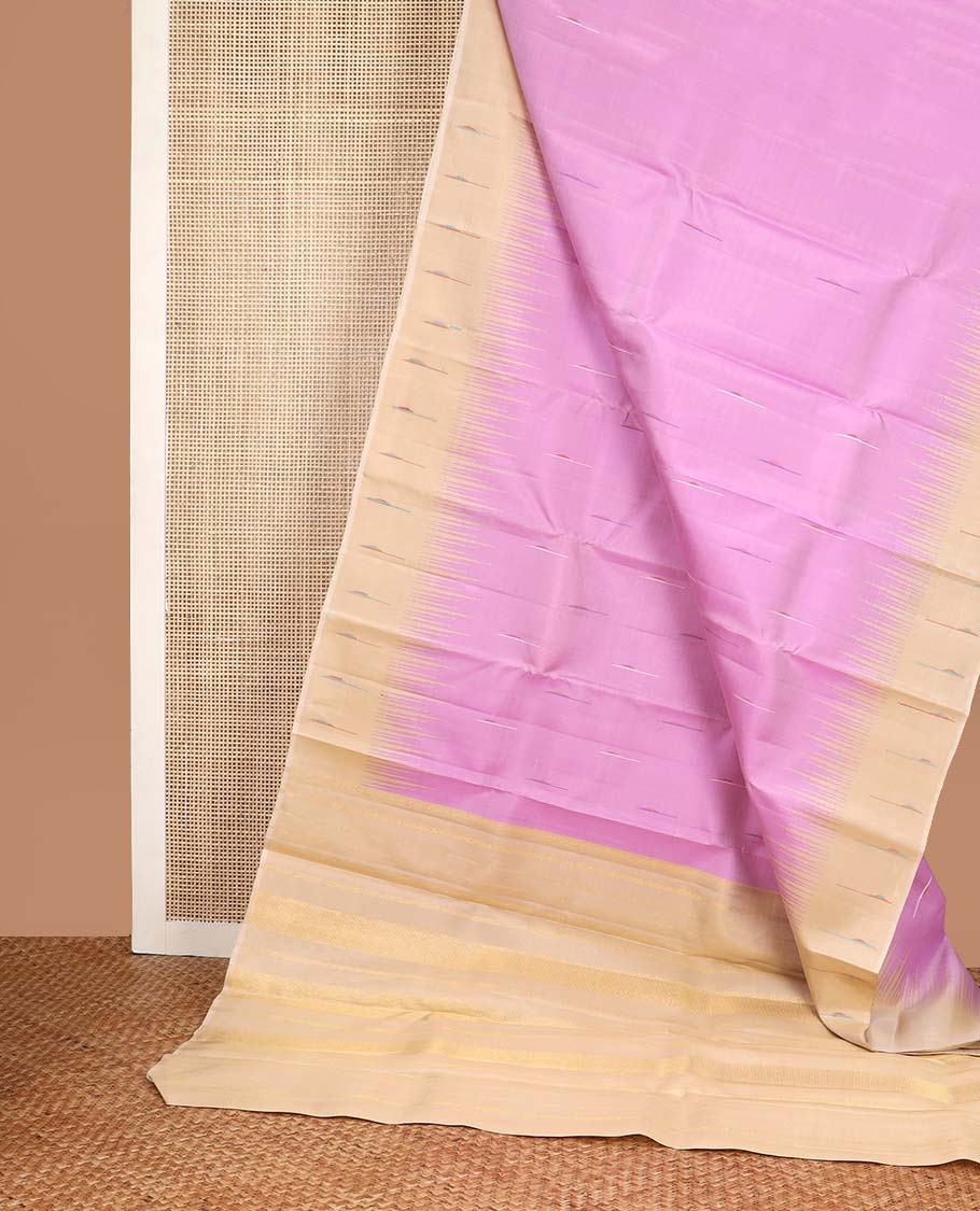 Pink geometric design kancheepuram silk saree with contrast temple border & striped pallu