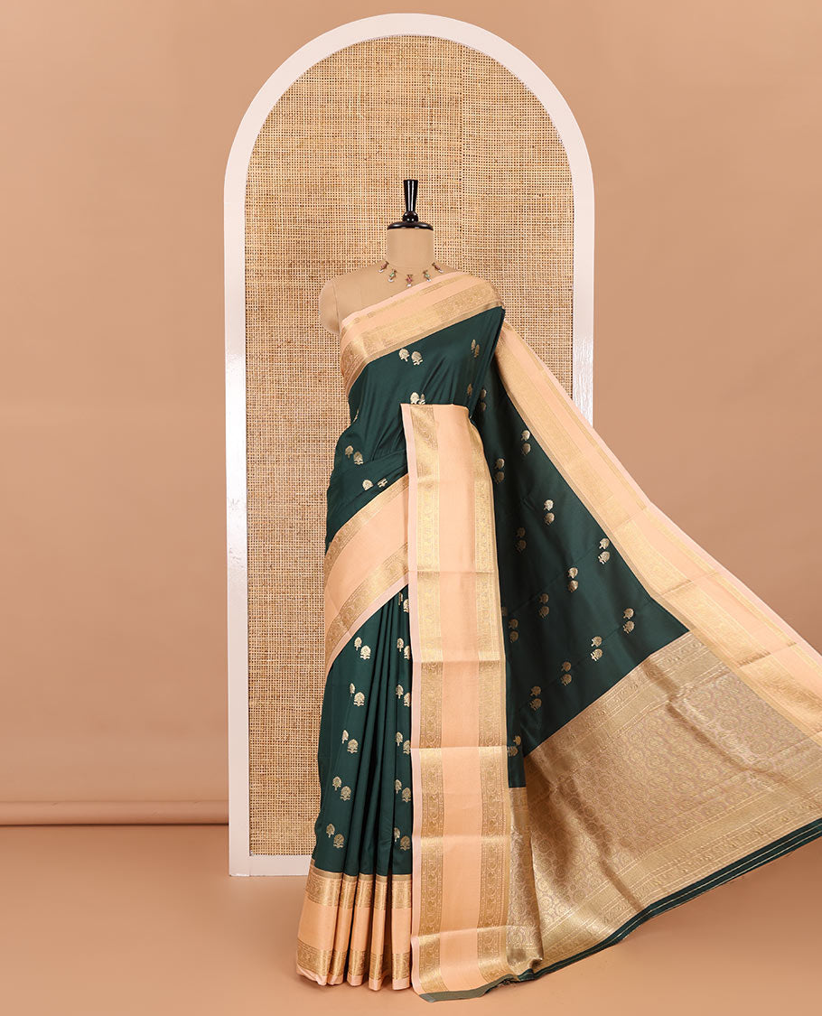 Bottle green buttas soft silk saree , contrast peacock and mango zari weaving border , contrast weaving rich pallu and contrast Blouse