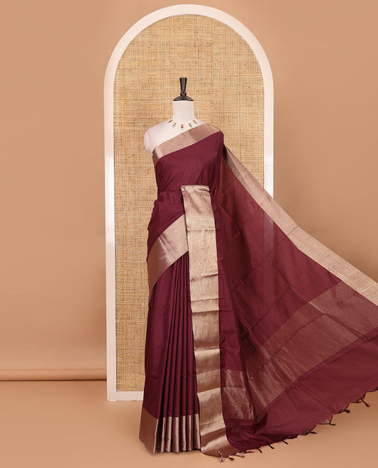 Purple full-plain soft-mercerized cotton saree, zari bavanji border, striped pallu & plain blouse