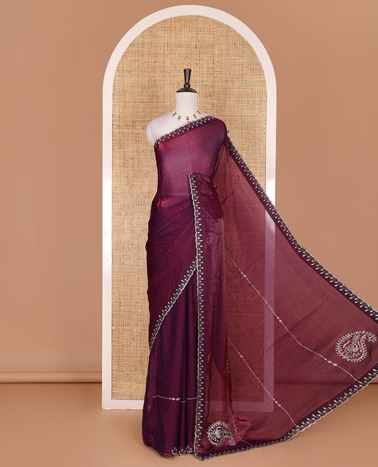 Wine micro stonework Fendi chiffon saree, scallop micro stonework border, stonework paisley pallu, and matching micro stone work blouse
