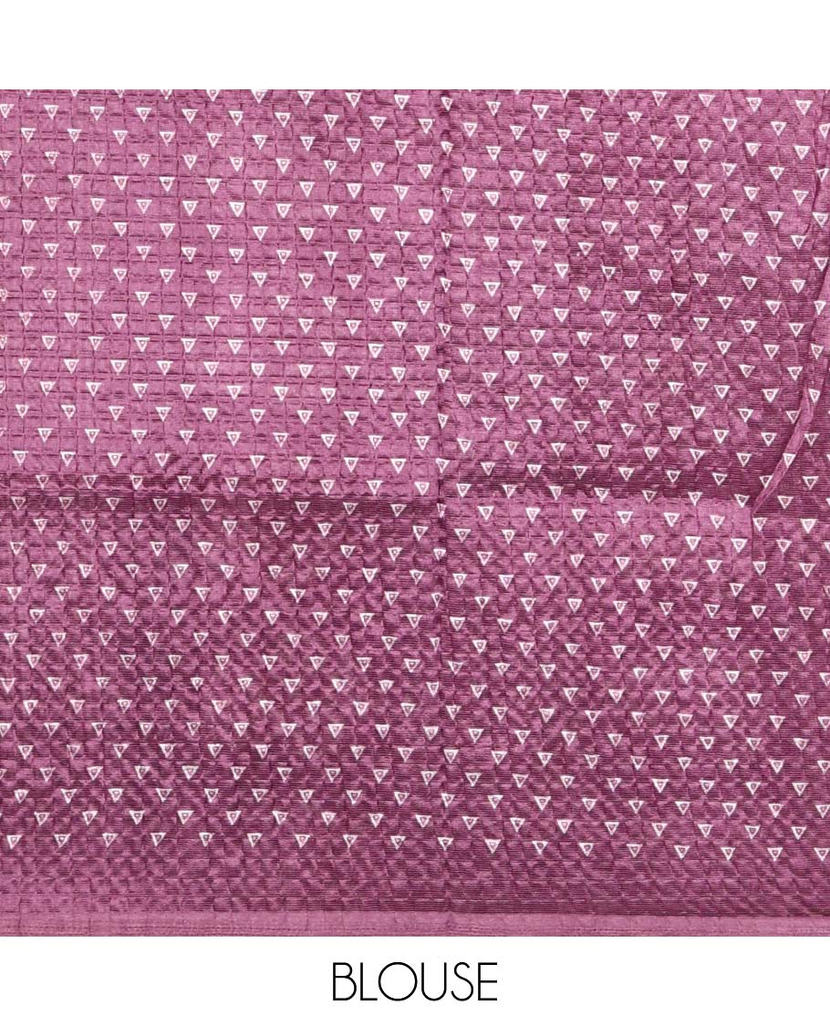 Violet batik-style triangle & floral printed litchi crushed saree,self-border,geometric print pallu & triangle motif printed blouse