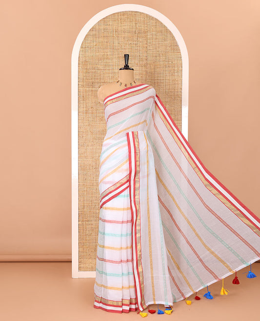 White horizontal multi-colored striped Khadi mul cotton saree, contrast satin gold zari piping border, striped pallu, and a matching blouse