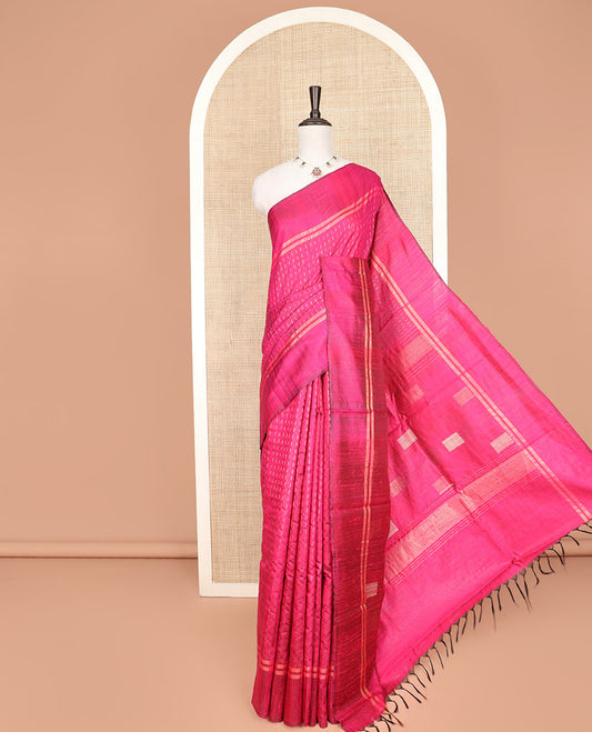 Pink Dupion Silk Saree, Complemented by Contrast Temple Border of Dobby-Style Buttas, Pallu Steeped with Dobby-Style Buttas, and Paired with a Contrast Blouse