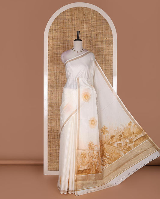 Half-white sunflower printed Kerala cotton saree, zari border, pallu of farming theme print, and matching blouse