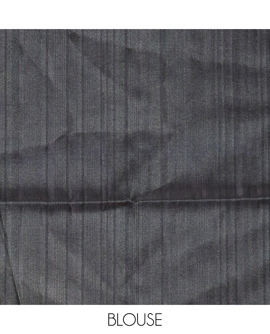 Chikku-black floral vine printed tissue patola saree, contrast striped border, pallu of floral and Pichwai cow motifs print, and a plain blouse