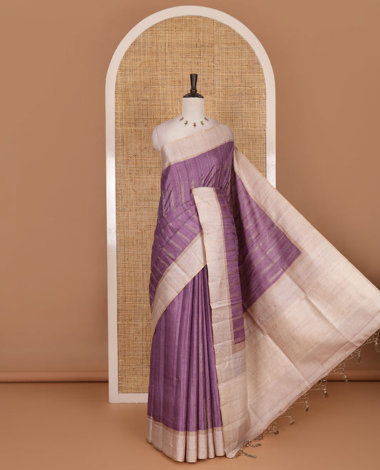 Purple floral vines thread embroidered Tussar saree, contrast Thread border, plain pallu, and contrast blouse