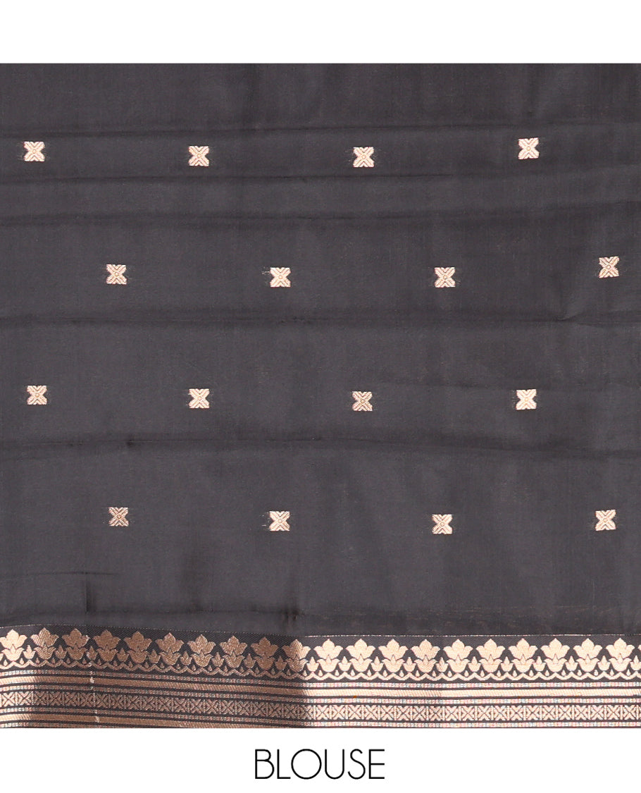 Chikku Kanchi Silk Saree, Embellished with Zari Buttas and Stripes, Contrast Traditional Zari Border, Jaal Pallu, a Contrast Blouse
