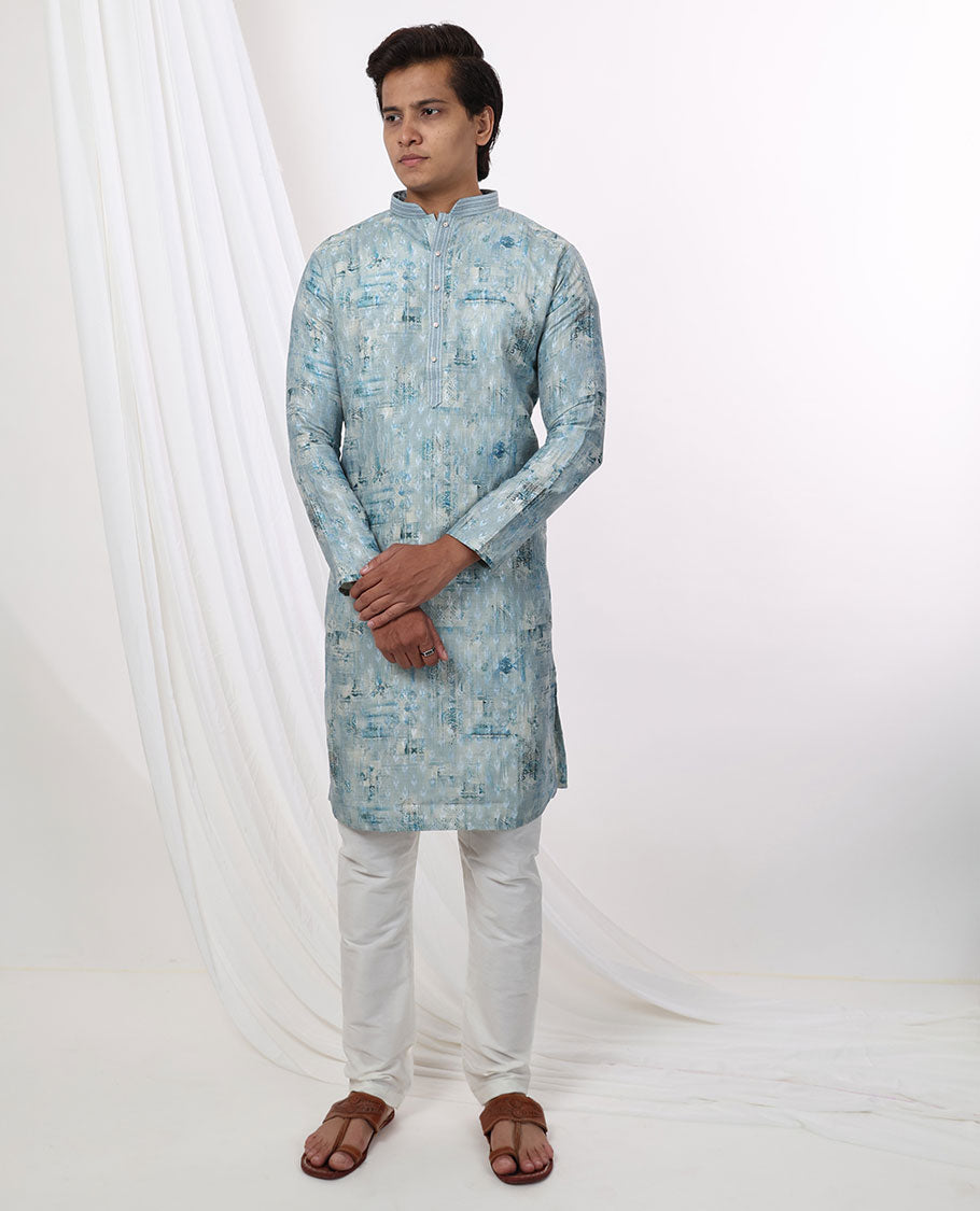Light blue abstract design mandarin collar & full-sleeve long raw silk kurta 