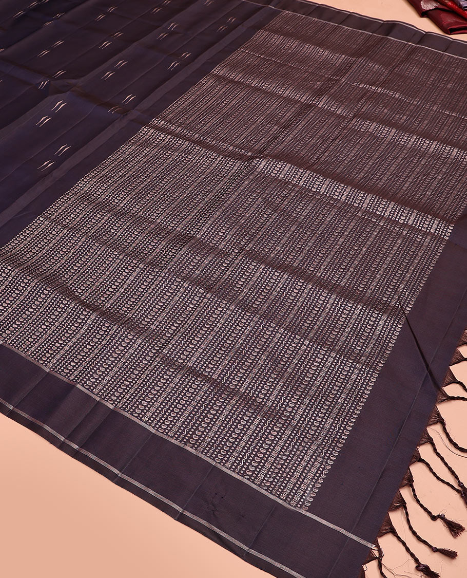 Blue malli mokku buttas soft silk saree, striped border, and pallu of manga, muthu, neli and cross kamalam designs