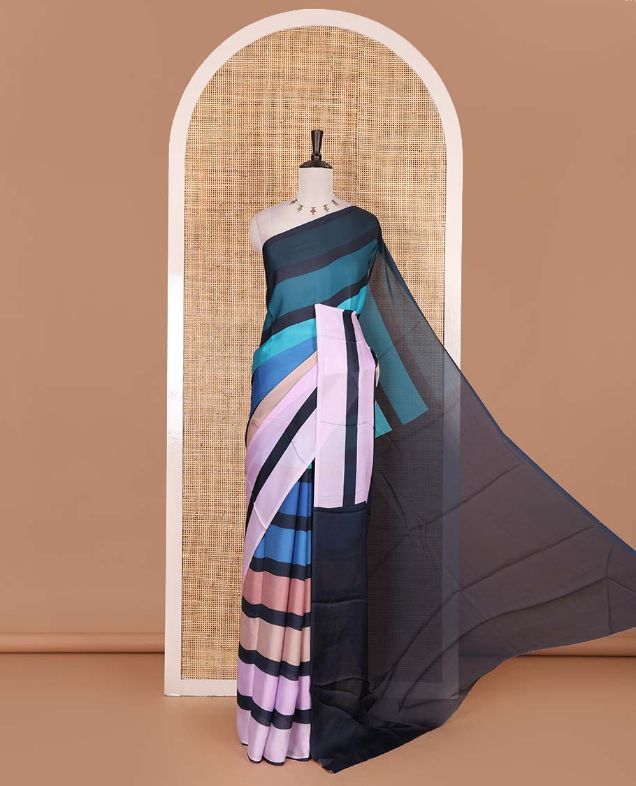 Borderless multi-color striped with sparsely buttas satin crepe saree, a matching blouse of sparse buttas