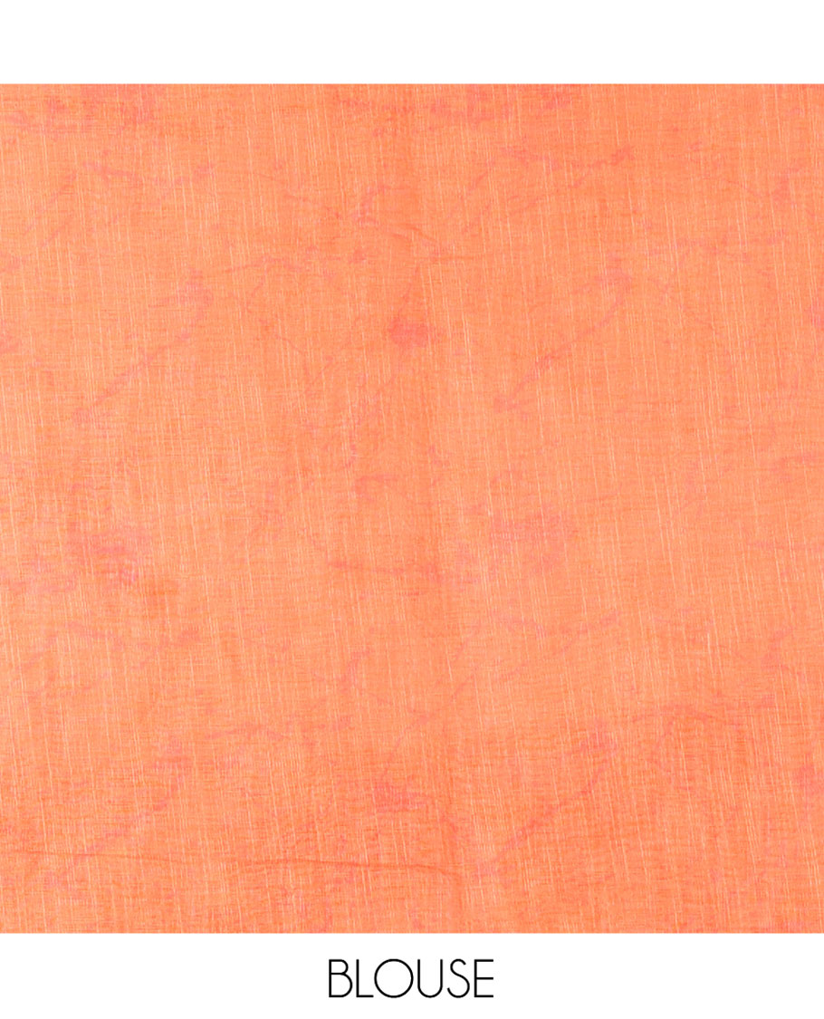 Cream and Orange Linen Cotton Saree, Adorned with Batik Print on Its Body, Complemented by Contrast Batik Printed Border, Pallu of Floral Print, and Paired with a Contrast Blouse
