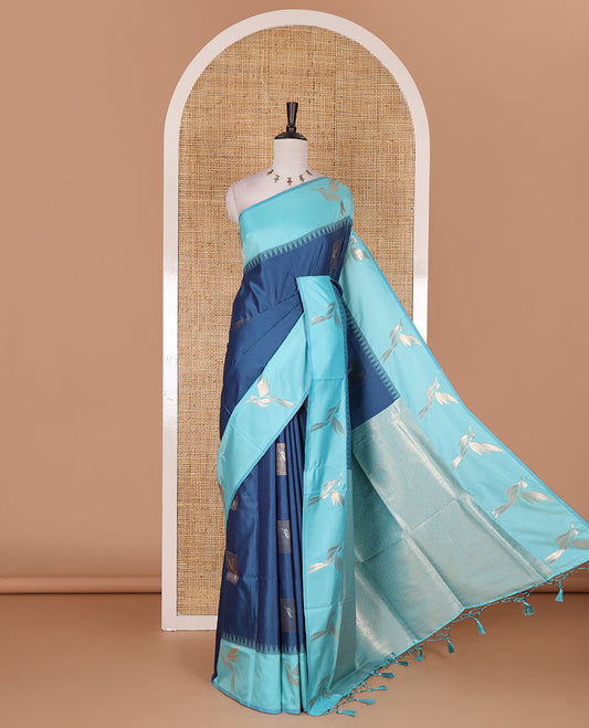 Blue hummingbird zari buttas Mulberry silk saree, contrast hummingbird motifs temple border, intricate pallu, and contrast zari design blouse