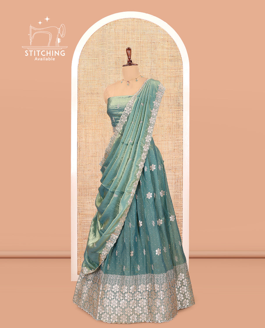 Firozi Blue Fendi Organza Half-Saree, Butta Embroidered Skirt, Floral Embroidered Border, a Matching Blouse, an Embroidered Dhavani