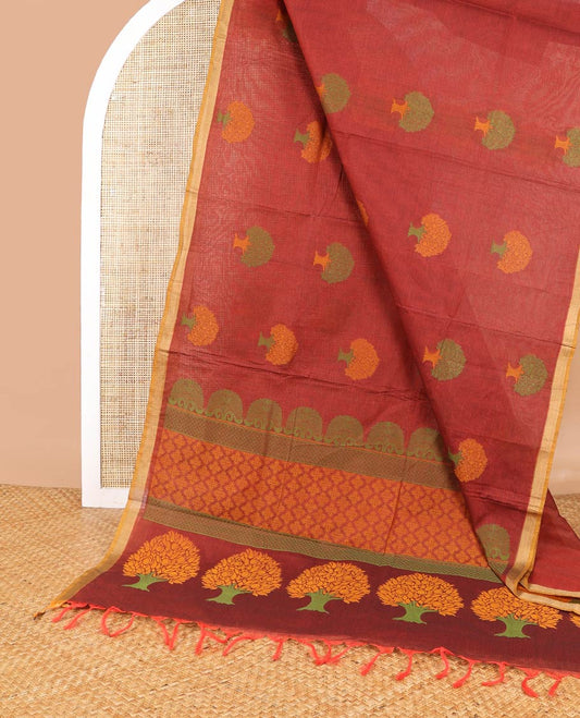Maroon tree design coimbatore cotton saree with contrast border & floral design pallu