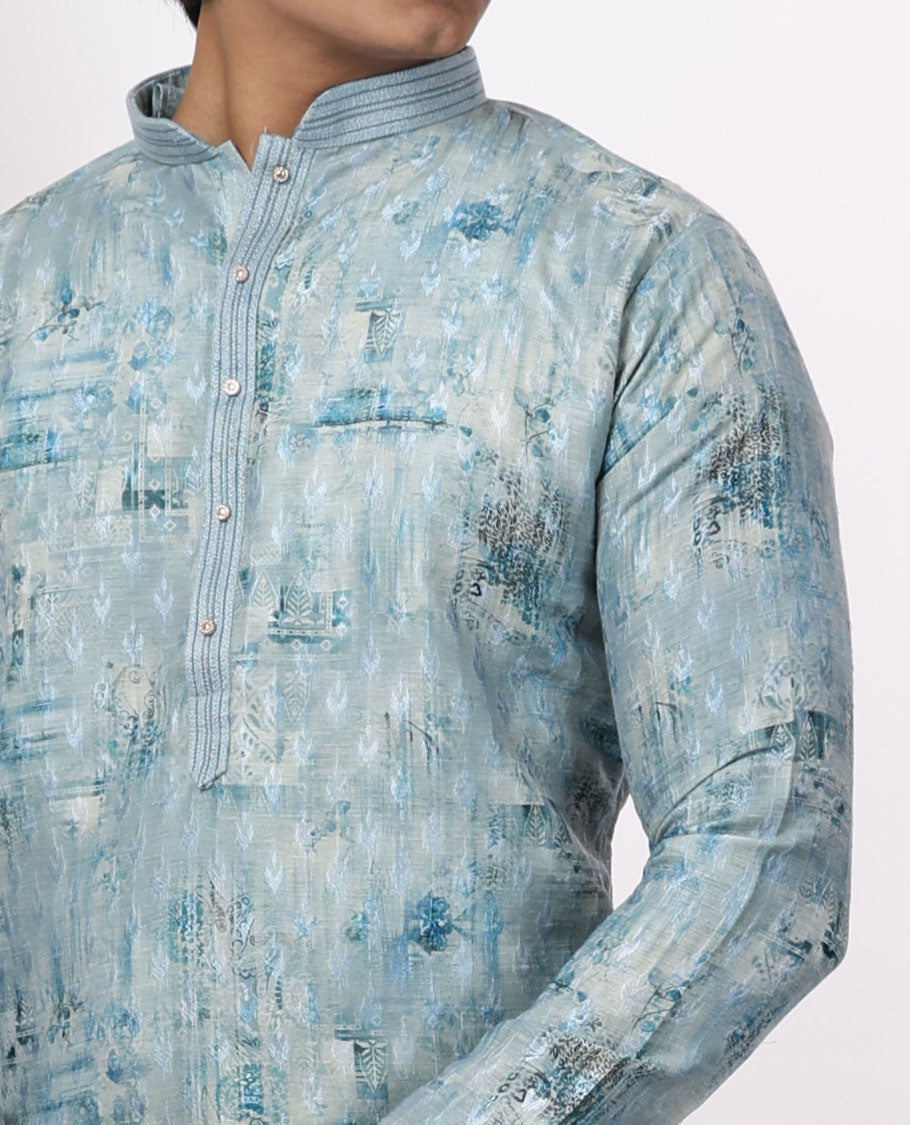 Light blue abstract design mandarin collar & full-sleeve long raw silk kurta 