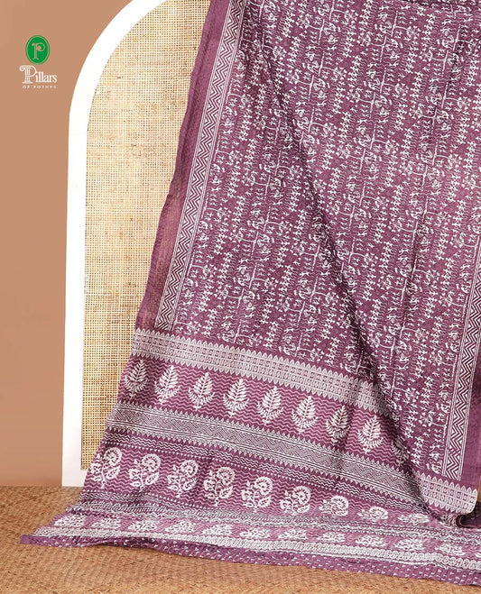 Lavender batik-style warli printed Litch crushed saree, batik chevron border, floral-geometric printed pallu & triangle motif blouse