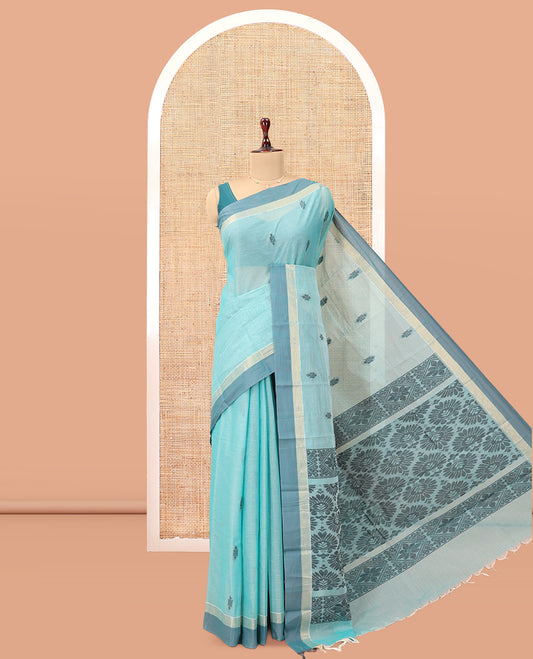 Sky Blue Kanchi Cotton Saree, Woven with Thread Buttas, a Contrast Border, Pallu of Intricate Design, and a Matching Blouse