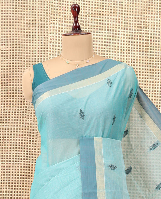 Sky Blue Kanchi Cotton Saree, Woven with Thread Buttas, a Contrast Border, Pallu of Intricate Design, and a Matching Blouse