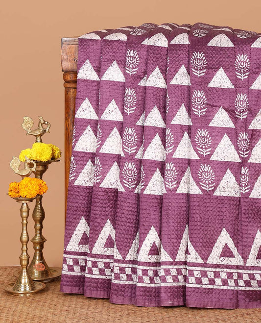 Violet batik-style triangle & floral printed litchi crushed saree,self-border,geometric print pallu & triangle motif printed blouse