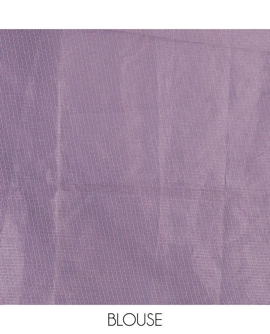 White-lavender color 2D-style print & floral vine chikankari embroidered kota check saree, lace border & plain blouse