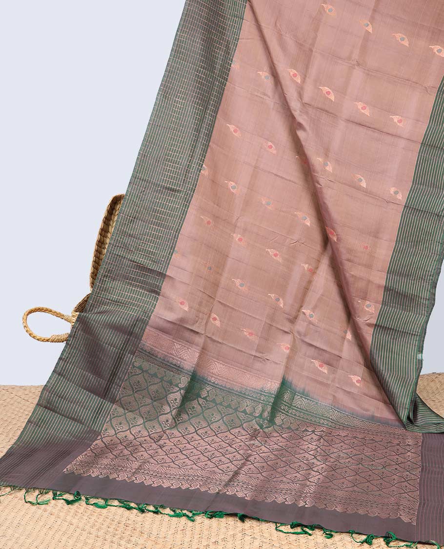 Brown floral motifs semi-soft silk sare with contrast striped border & pallu of ogee pattern