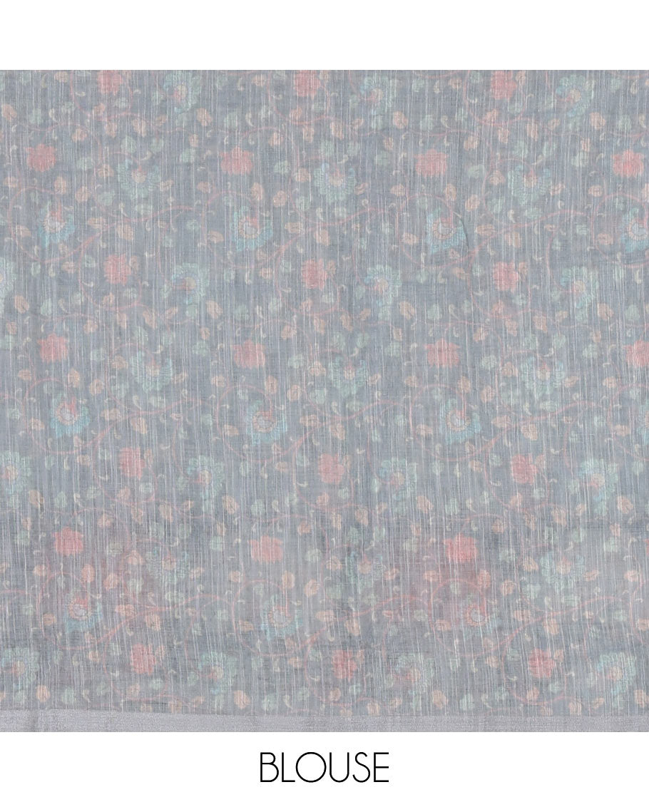 Grey mirror thread embroidered linen saree, contrast kalamkari peacock printed border, pallu of kalamkari peacock and human figurines print, and printed blouse